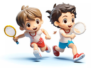 体育教育羽毛球暑期班招生白底卡通人物少儿打羽毛球场景